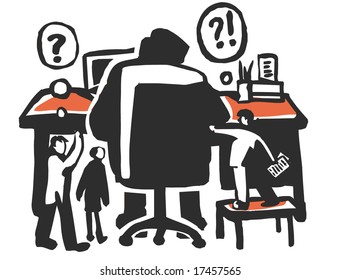 boss&questions. The group of employers has got some questions to their chief. Vector illustration.