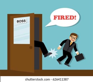 The boss's foot kicks the unnecessary employee-businessman