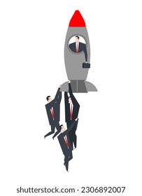 Bossu flies on rocket. Managers hold on to boss rocket. Goal achievement concept