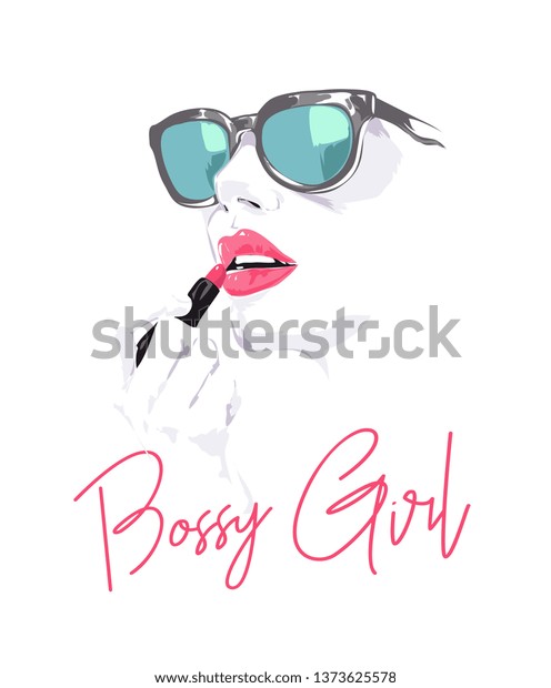 サングラスをかけた女の子が口紅のイラストをつけたボスのような女の子のスローガン のベクター画像素材 ロイヤリティフリー