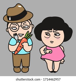 Bossy Grumpy Girl Setting Time Limits To Her Boyfriend Who Take Too Long To Eat Carrots Concept Card Character illustration