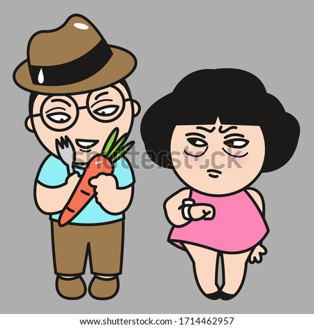 Bossy Grumpy Girl Setting Time Limits To Her Boyfriend Who Take Too Long To Eat Carrots Concept Card Character illustration