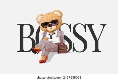 bossy slogan con la muñeca del oso femenino que trabaja la ilustración vectorial dibujada a mano del estilo de la mujer