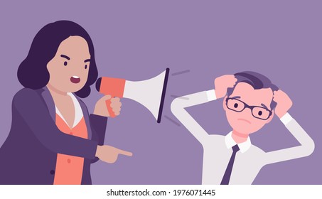 Bossy woman crying into megaphone in loud voice addressing man. Manager speaking through bullhorn, expressing strong emotion, explain the task, motivate to work. Vector creative stylized illustration