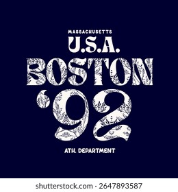 Boston '92 Floral Typography – Vintage Athletic USA Design for T-Shirts and Prints, Vector Illustration