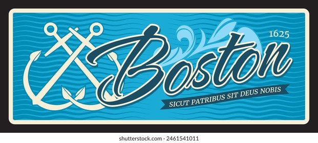 Placa de viaje de la ciudad americana de Boston, anclas cruzadas, destino de viaje retro. Postal de la ciudad de los Estados Unidos de América, signo de lata o etiqueta de Vector del viaje de los Estados Unidos, sicut patribus sit deus nobis