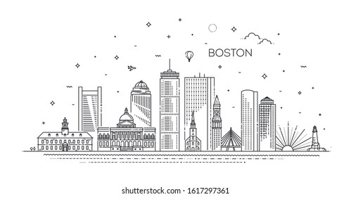 Boston architecture line skyline illustration. Linear vector cityscape with famous landmarks