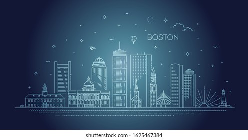 Boston architecture line skyline illustration. Linear vector cityscape with famous landmarks