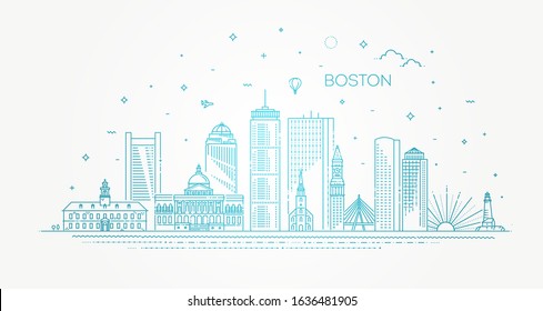 Boston architecture line skyline illustration. Linear vector cityscape with famous landmarks