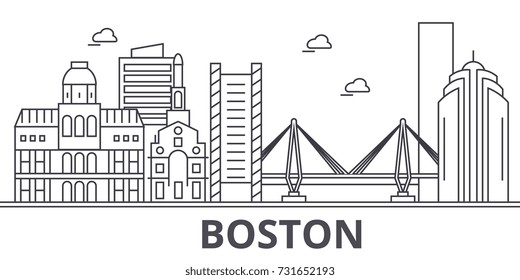 Boston architecture line skyline illustration. Linear vector cityscape with famous landmarks, city sights, design icons. Landscape wtih editable strokes