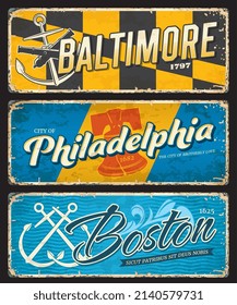 Boston, Baltimore and Philadelphia american cities plates and travel stickers. United States of America city retro postcard, grunge tin sign or USA voyage vector sticker with anchors, Liberty Bell