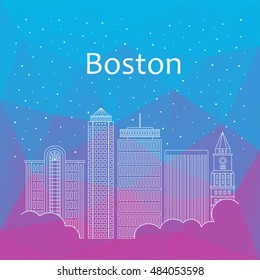 Boston für Banner, Poster, Illustration, Spiel, Hintergrund. Vektorhintergrund Boston - Schnee fällt. Nachtleben von Boston. Hackathon, Workshop, Seminar, Vortrag in Boston. Urlaub in Boston Stadt