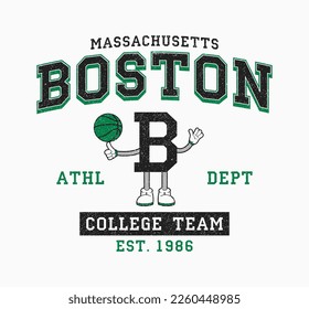 Boston Basketball T-Shirt Design. Massachusetts, Tee-Shirt im Boston-Stil mit Maskottchen und Basketball. Sportbekleidung. Vektorgrafik.