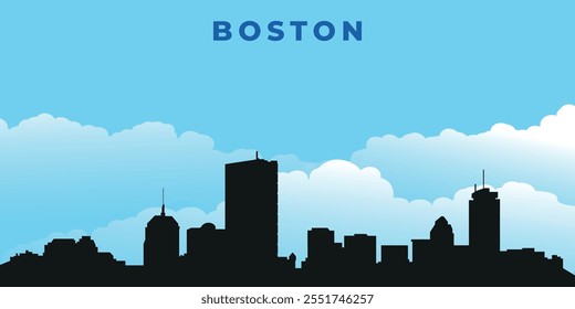 Boston. Black silhouette of the city skyline. Vector on the background of blue sky with white clouds