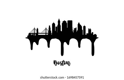 Boston black skyline silhouette vector illustration on white background with dripping ink effect.