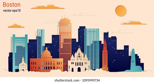 Boston city colorful paper cut style, vector stock illustration. Cityscape with all famous buildings. Skyline Boston city composition for design 