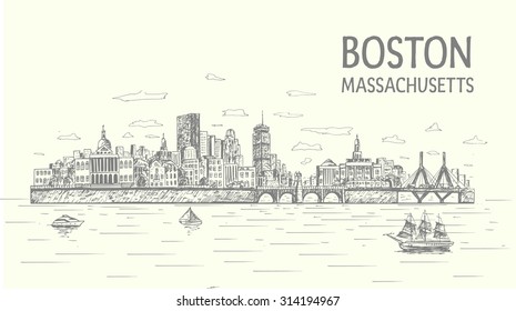 Boston city hand drawn, sketch style, isolated illustration 