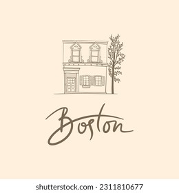 Boston city line art lettering house. Small hand drawn home. Fine postcard, poster and illustration