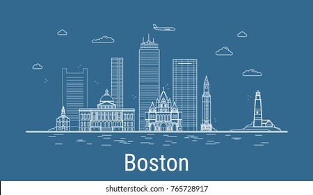 Boston city, Line Art Vector illustration with all famous buildings. Linear Banner with Showplace. Composition of Modern buildings, Cityscape. Boston buildings set