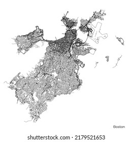 Boston City Map With Roads And Streets, United States. Black And White. Vector Outline Illustration.