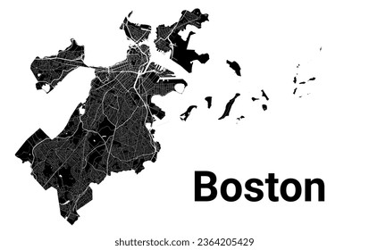 Mapa de la ciudad de Boston, Estados Unidos. Fronteras administrativas municipales, mapa de zonas negras y blancas con ríos y carreteras, parques y ferrocarriles. Ilustración vectorial.