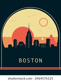 Boston city retro style poster with skyline, cityscape. USA Massachusetts state vintage vector illustration. US front cover, brochure, flyer, leaflet template, layout image