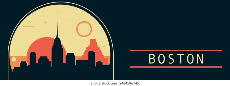 Anuncio de Vector de estilo retro de la ciudad de Boston con horizonte, paisaje urbano. EE.UU. Massachusetts estado vintage ilustración Horizontal. Diseño de viajes de los Estados Unidos de América para presentación de Web, encabezado, pie de página