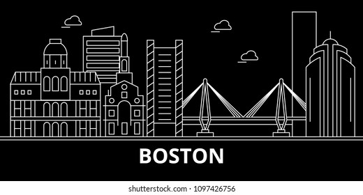 Boston city silhouette skyline. USA - Boston city vector city, american linear architecture, buildings. Boston city travel illustration, outline landmarks. USA flat icon, american line banner