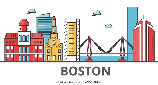 Boston City Skyline. Buildings, Streets, Silhouette, Architecture, Landscape, Panorama, Landmarks. Editable Strokes. Flat Design Line Vector Illustration Concept. Isolated Icons On White Background