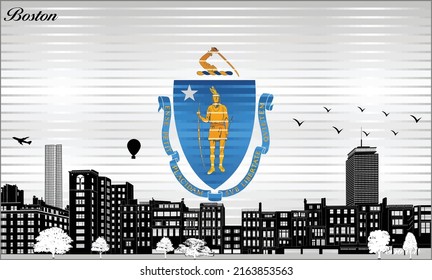 Boston city skyline with flag of Massachusetts on background - illustration