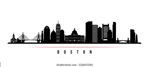 Boston city skyline horizontal banner. Black and white silhouette of Boston city, USA. Vector template for your design.