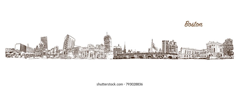 Boston City skyline in Massachusetts. Hand drawn sketch illustration in vector.