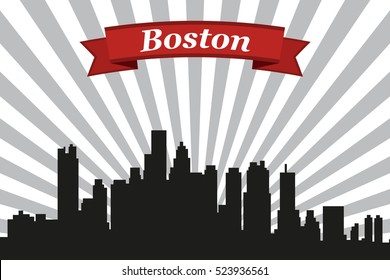 Boston city skyline with rays background and ribbon