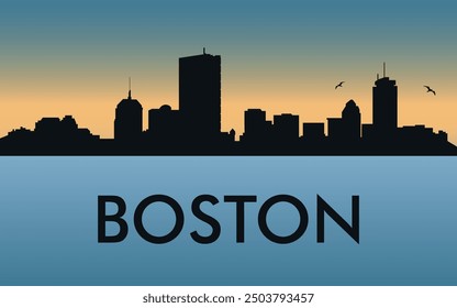 Boston. The city skyline. Silhouettes of buildings. The sunset of the day. Vector on a blue background