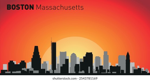 Boston city skyline with silhouettes of buildings against the backdrop of a large yellow sun and orange sky. Vector on the background of sunset