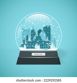 Boston City skyline snow globe. Merry Christmas and Happy New Year Boston. Vector illustration.