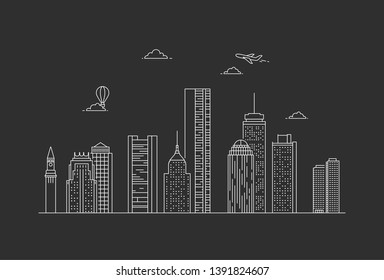 Boston city skyline. USA. Line art style illustration