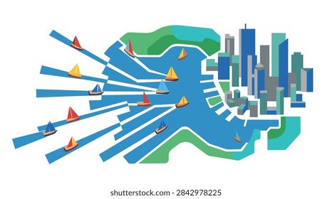Boston city skyline vector with harbor and sailboats