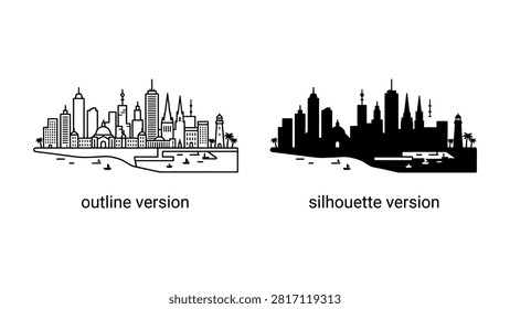Boston city skyline vector set with outline and silhouette style buildings by the harbor