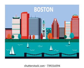 Boston city in sunny day, Massachusetts, USA. Vector