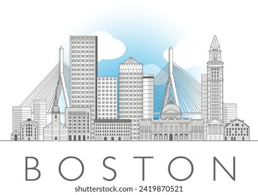 Boston cityscape line art style vector illustration