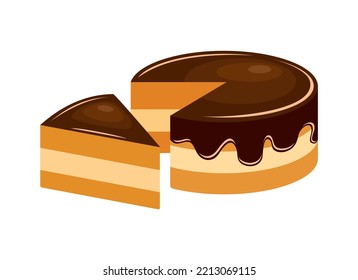 Boston Cream Pie icon vector. Vanilla sponge cake with chocolate glaze drawing. Delicious slice of cream cake with chocolate icing icon isolated on a white background