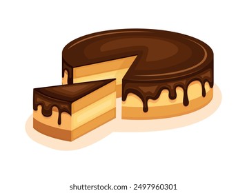 Ilustración vectorial de pastel de crema de Boston. Bizcocho de vainilla con dibujo de glaseado de chocolate. Pedazo de pastel con el icono del glaseado del chocolate aislado en el fondo blanco. Vector de pastel de capa