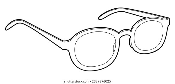 Ilustración de accesorios de gafas de marco de Boston. Vista de vidrio solar 3-4 para hombres, mujeres, estilo de silueta unisex, anteojos de anteojos de lente plana con esbozo de esbozo de lente aislado en fondo blanco