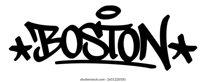 Marca de grafite de Boston em letras pretas em negrito sobre fundo transparente. Influência limpa e histórica excelente para visuais elegantes e expressão de rua cultural
