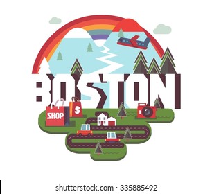 Boston,  great destination to visit, vector cartoon