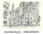 Boston historical downtown with Old State House hand drawn isolated illustration