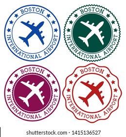 Boston International Airport. Boston airport logo. Flat stamps in material color palette. Vector illustration.
