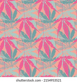 Boston ivy seamless vector pattern background. Pink blue backdrop with blended leaf shapes. Painted grunge style brush stroke foliage botanical motifs. Parthenocissus Tricuspidata.Tropical vibe.