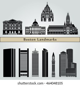 Boston Landmarks And Monuments Isolated On Blue Background In Editable Vector File